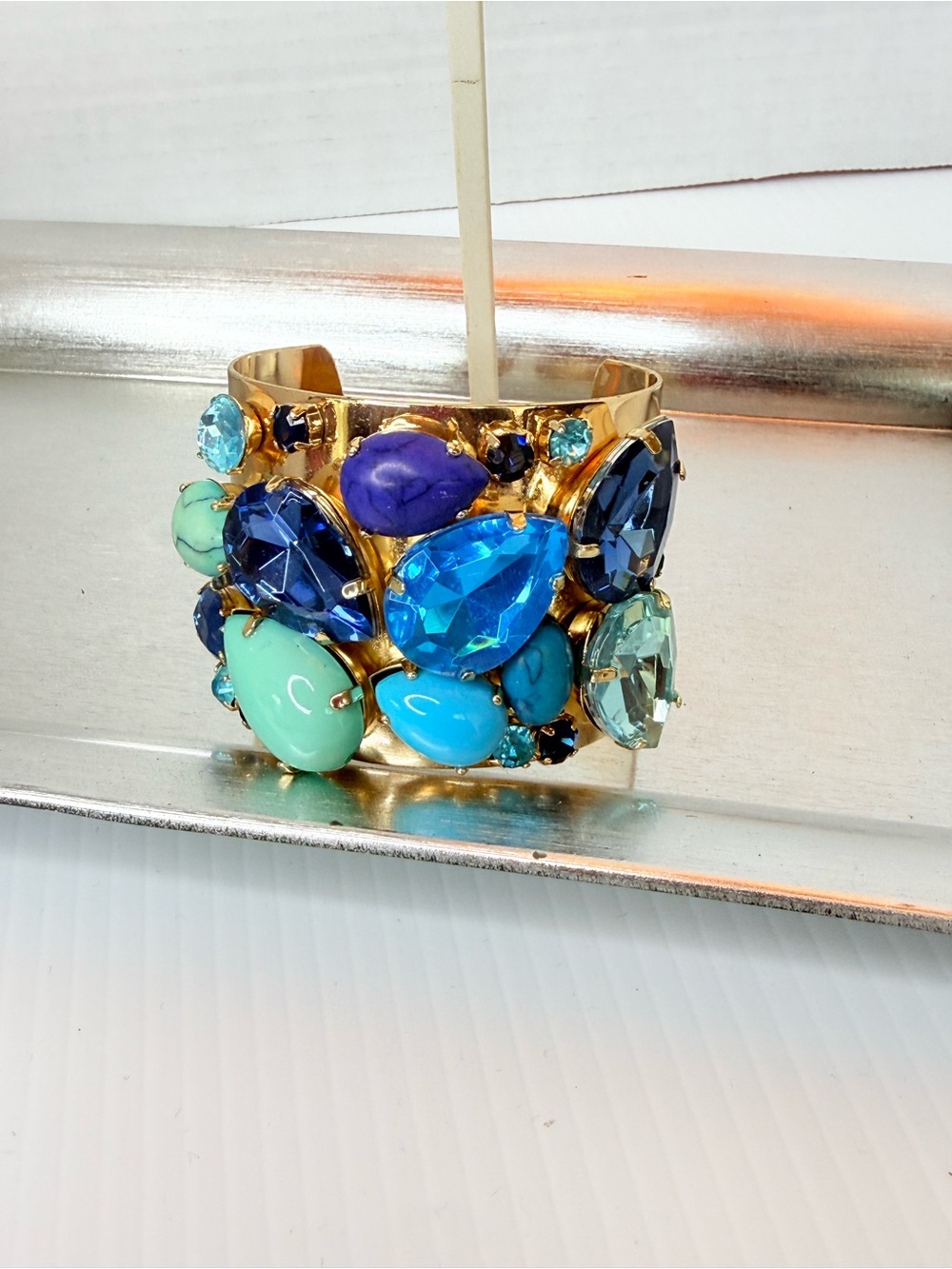 Gold tone Cuff Bracelet with Blue and Turquoise Gemstones - Picture 5 of 6